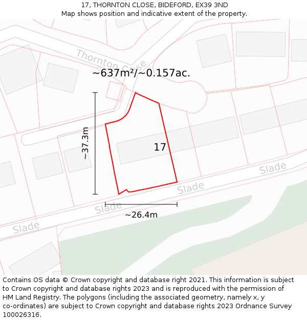 17, THORNTON CLOSE, BIDEFORD, EX39 3ND: Plot and title map