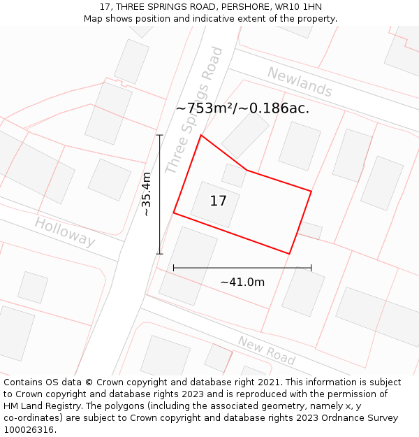 17, THREE SPRINGS ROAD, PERSHORE, WR10 1HN: Plot and title map