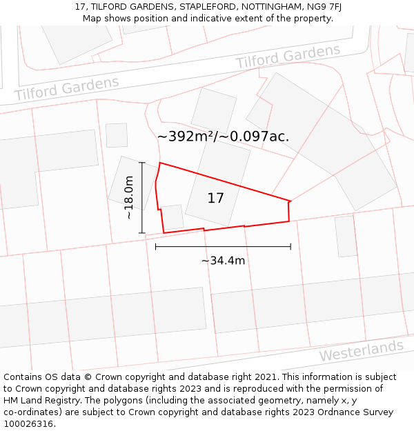 17, TILFORD GARDENS, STAPLEFORD, NOTTINGHAM, NG9 7FJ: Plot and title map