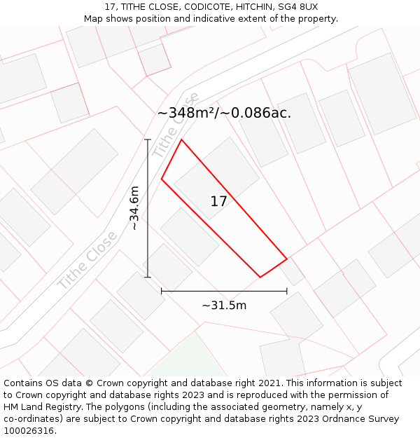 17, TITHE CLOSE, CODICOTE, HITCHIN, SG4 8UX: Plot and title map