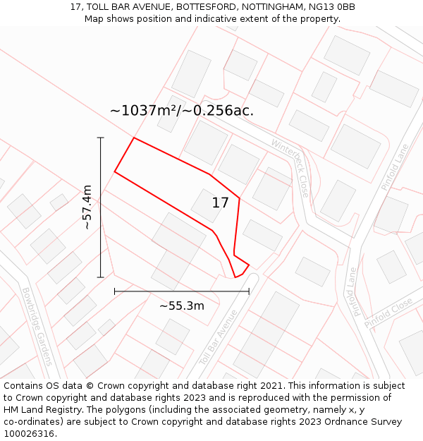 17, TOLL BAR AVENUE, BOTTESFORD, NOTTINGHAM, NG13 0BB: Plot and title map