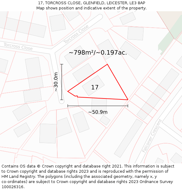 17, TORCROSS CLOSE, GLENFIELD, LEICESTER, LE3 8AP: Plot and title map