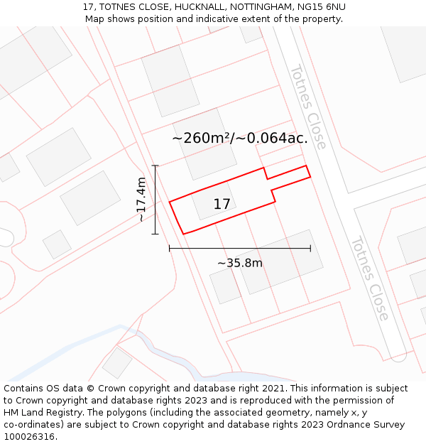 17, TOTNES CLOSE, HUCKNALL, NOTTINGHAM, NG15 6NU: Plot and title map