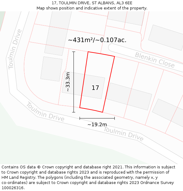 17, TOULMIN DRIVE, ST ALBANS, AL3 6EE: Plot and title map