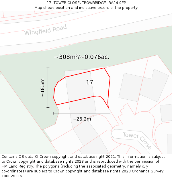 17, TOWER CLOSE, TROWBRIDGE, BA14 9EP: Plot and title map