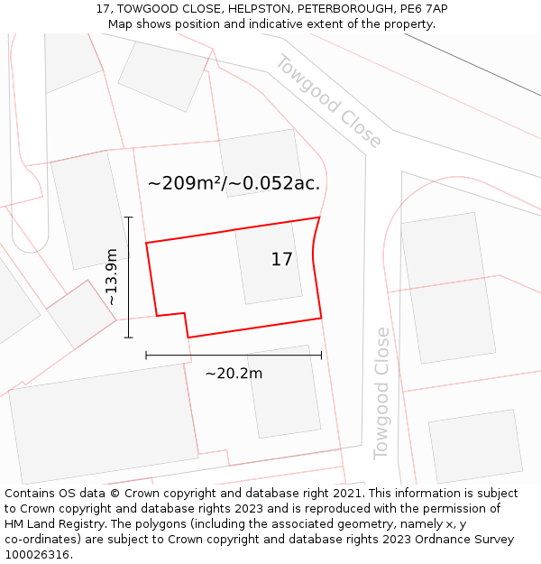 17, TOWGOOD CLOSE, HELPSTON, PETERBOROUGH, PE6 7AP: Plot and title map