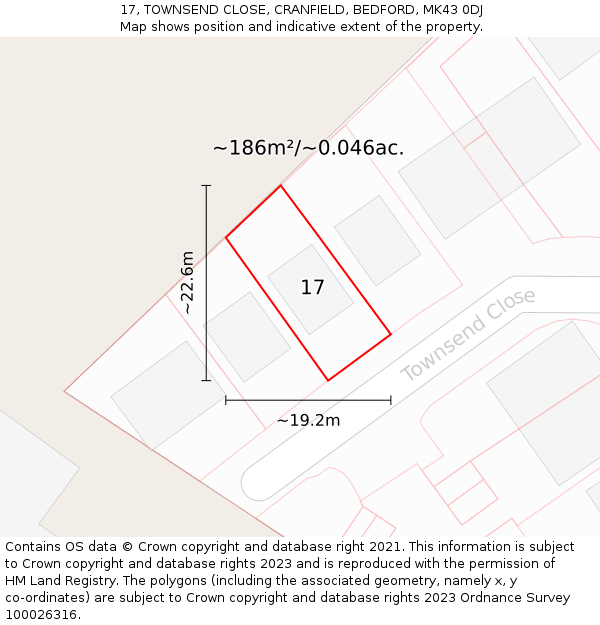 17, TOWNSEND CLOSE, CRANFIELD, BEDFORD, MK43 0DJ: Plot and title map