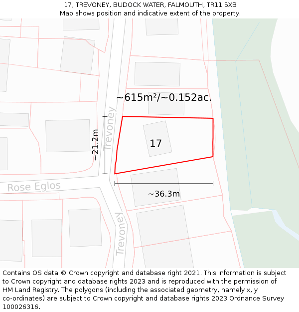 17, TREVONEY, BUDOCK WATER, FALMOUTH, TR11 5XB: Plot and title map