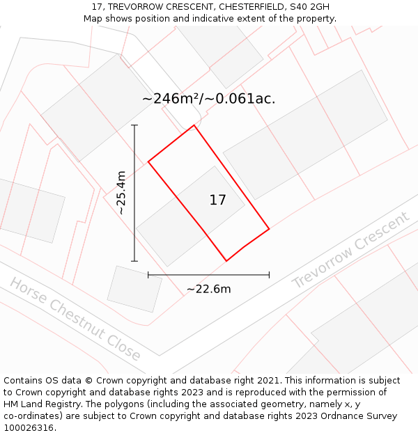 17, TREVORROW CRESCENT, CHESTERFIELD, S40 2GH: Plot and title map