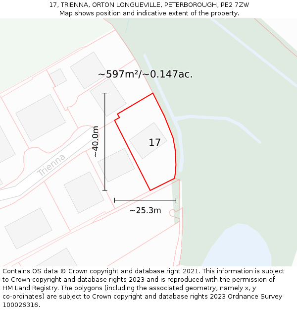 17, TRIENNA, ORTON LONGUEVILLE, PETERBOROUGH, PE2 7ZW: Plot and title map