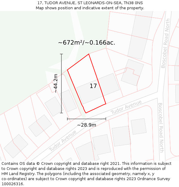 17, TUDOR AVENUE, ST LEONARDS-ON-SEA, TN38 0NS: Plot and title map
