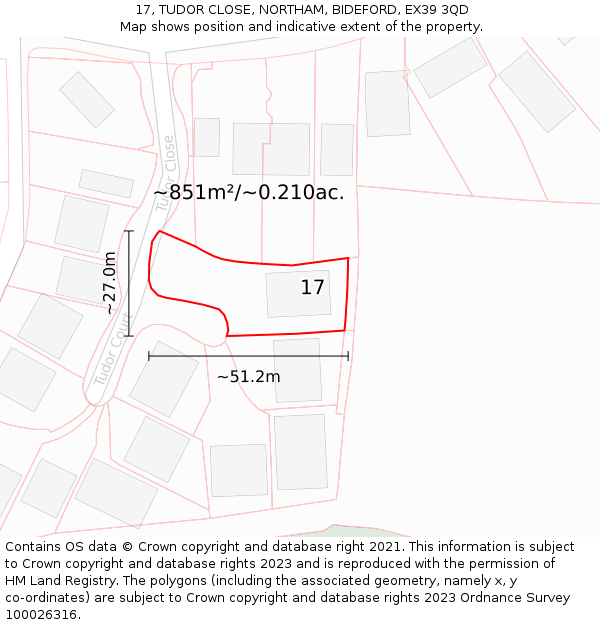 17, TUDOR CLOSE, NORTHAM, BIDEFORD, EX39 3QD: Plot and title map
