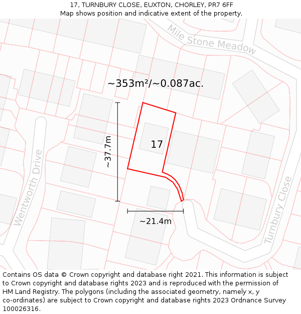 17, TURNBURY CLOSE, EUXTON, CHORLEY, PR7 6FF: Plot and title map