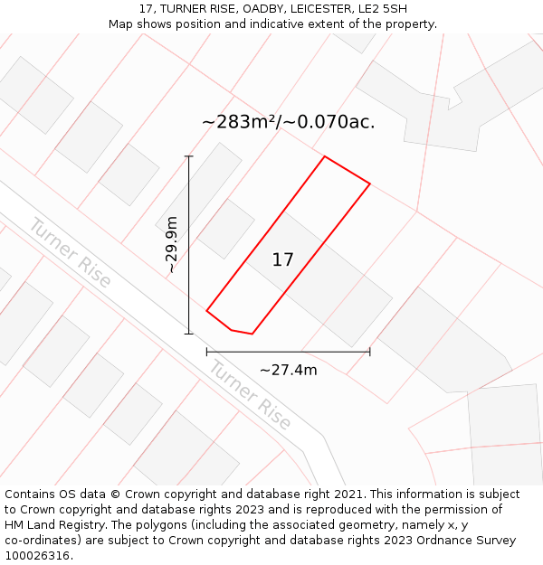 17, TURNER RISE, OADBY, LEICESTER, LE2 5SH: Plot and title map