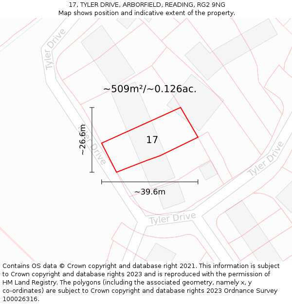 17, TYLER DRIVE, ARBORFIELD, READING, RG2 9NG: Plot and title map