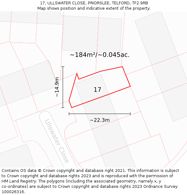 17, ULLSWATER CLOSE, PRIORSLEE, TELFORD, TF2 9RB: Plot and title map