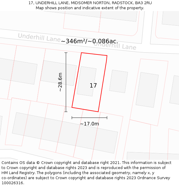 17, UNDERHILL LANE, MIDSOMER NORTON, RADSTOCK, BA3 2RU: Plot and title map