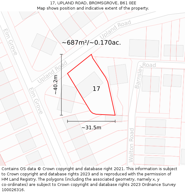 17, UPLAND ROAD, BROMSGROVE, B61 0EE: Plot and title map