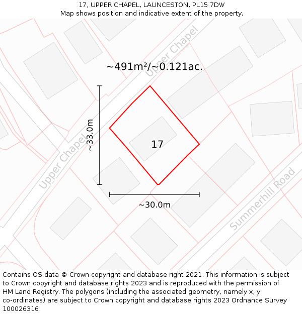 17, UPPER CHAPEL, LAUNCESTON, PL15 7DW: Plot and title map