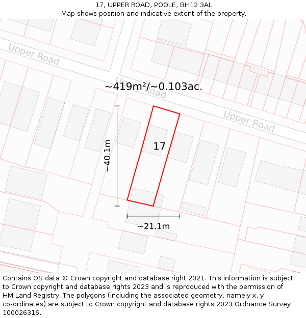 17, UPPER ROAD, POOLE, BH12 3AL: Plot and title map