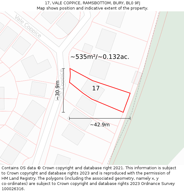 17, VALE COPPICE, RAMSBOTTOM, BURY, BL0 9FJ: Plot and title map