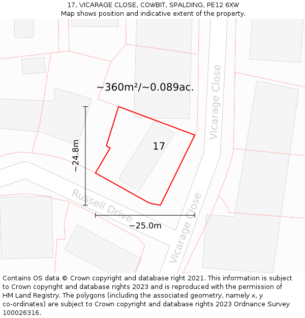 17, VICARAGE CLOSE, COWBIT, SPALDING, PE12 6XW: Plot and title map