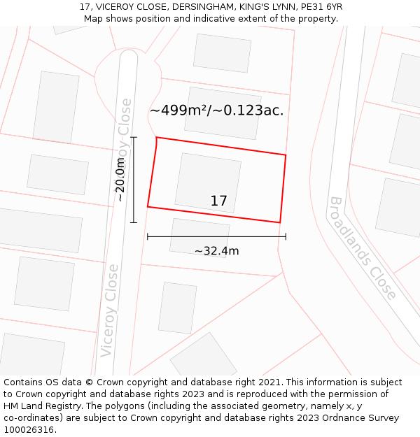 17, VICEROY CLOSE, DERSINGHAM, KING'S LYNN, PE31 6YR: Plot and title map