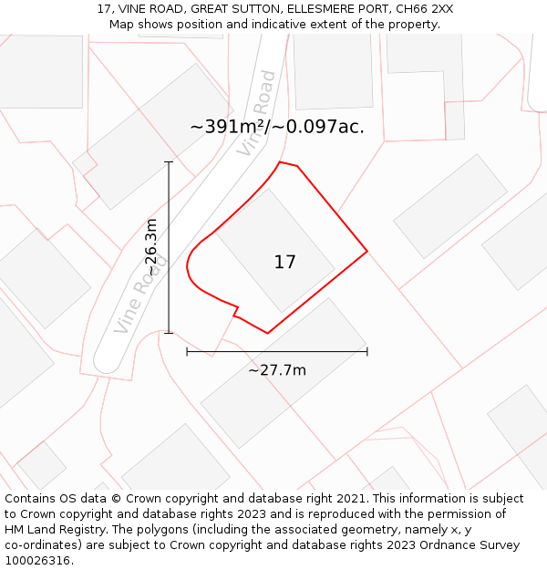 17, VINE ROAD, GREAT SUTTON, ELLESMERE PORT, CH66 2XX: Plot and title map