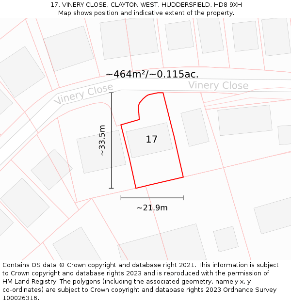 17, VINERY CLOSE, CLAYTON WEST, HUDDERSFIELD, HD8 9XH: Plot and title map
