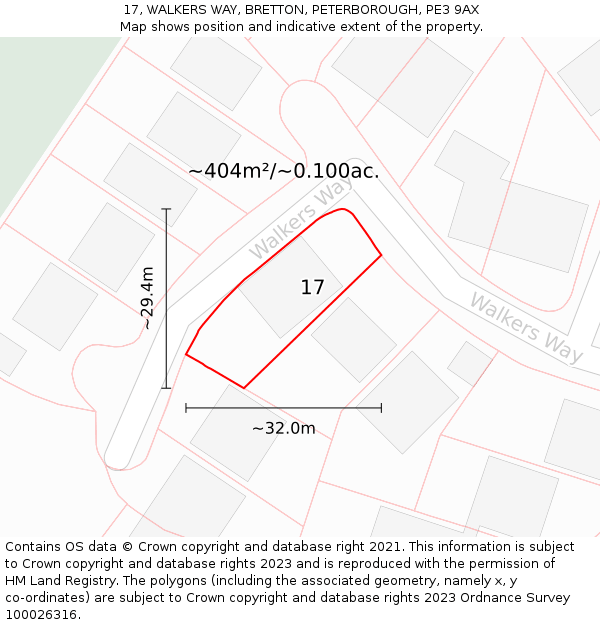 17, WALKERS WAY, BRETTON, PETERBOROUGH, PE3 9AX: Plot and title map