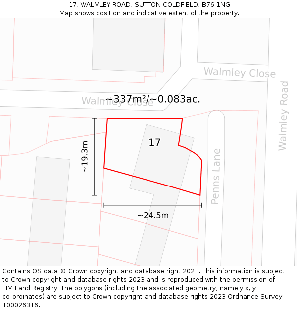17, WALMLEY ROAD, SUTTON COLDFIELD, B76 1NG: Plot and title map