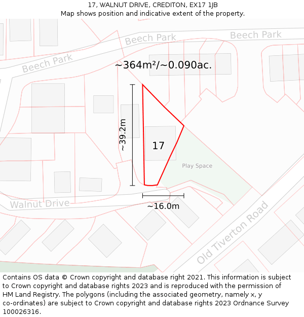 17, WALNUT DRIVE, CREDITON, EX17 1JB: Plot and title map