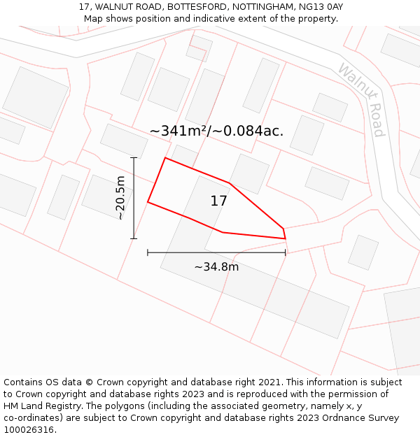 17, WALNUT ROAD, BOTTESFORD, NOTTINGHAM, NG13 0AY: Plot and title map