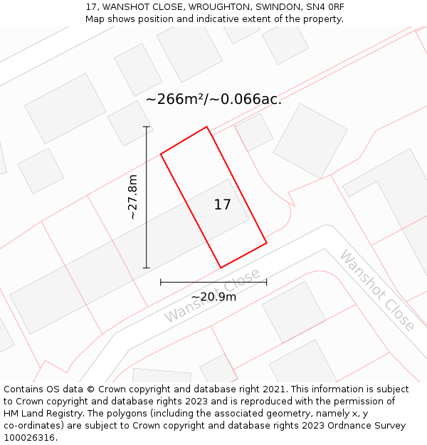 17, WANSHOT CLOSE, WROUGHTON, SWINDON, SN4 0RF: Plot and title map