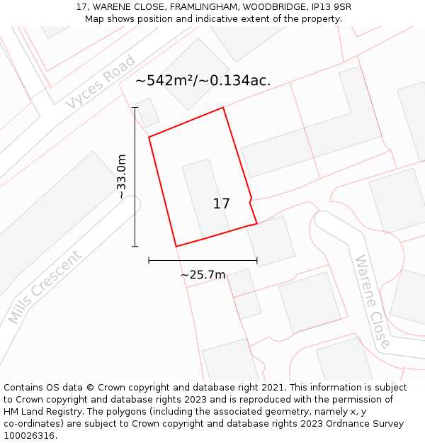 17, WARENE CLOSE, FRAMLINGHAM, WOODBRIDGE, IP13 9SR: Plot and title map