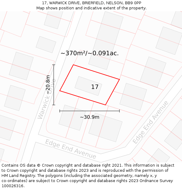 17, WARWICK DRIVE, BRIERFIELD, NELSON, BB9 0PP: Plot and title map