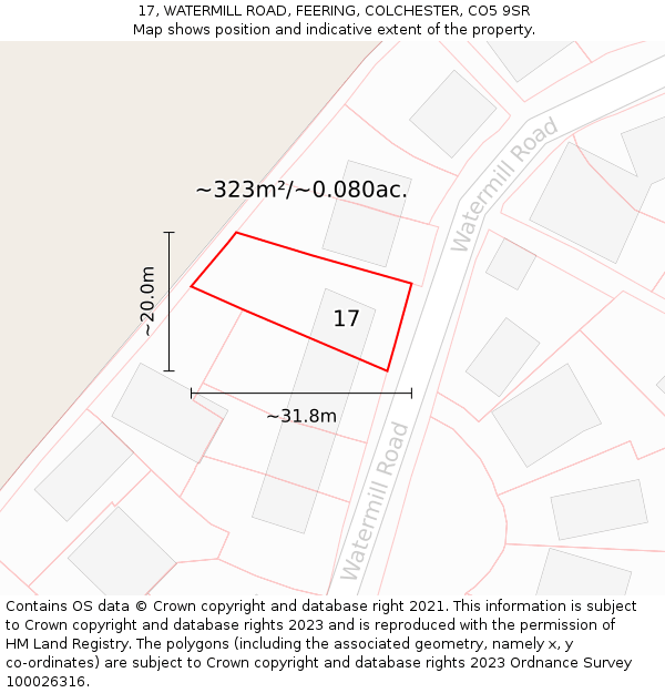 17, WATERMILL ROAD, FEERING, COLCHESTER, CO5 9SR: Plot and title map