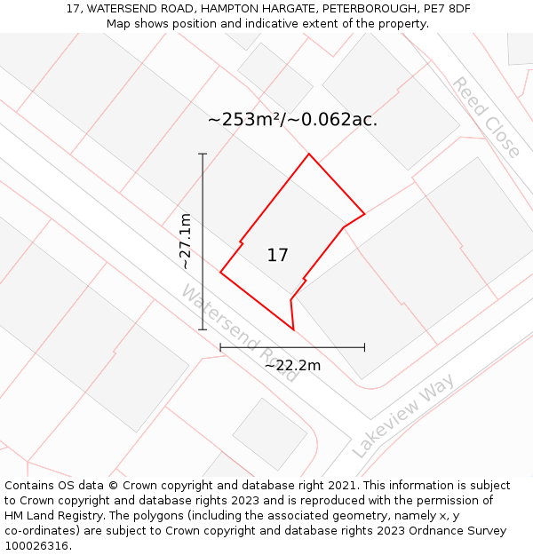 17, WATERSEND ROAD, HAMPTON HARGATE, PETERBOROUGH, PE7 8DF: Plot and title map