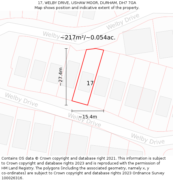 17, WELBY DRIVE, USHAW MOOR, DURHAM, DH7 7GA: Plot and title map
