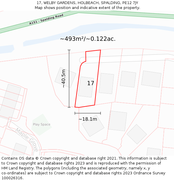 17, WELBY GARDENS, HOLBEACH, SPALDING, PE12 7JY: Plot and title map