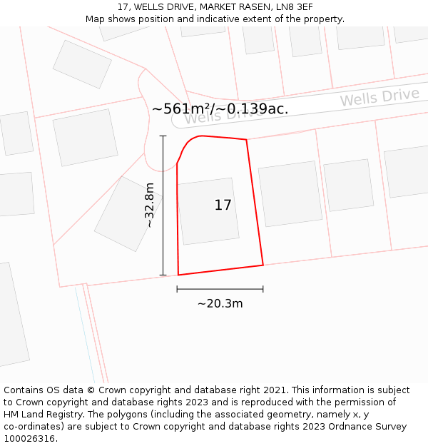 17, WELLS DRIVE, MARKET RASEN, LN8 3EF: Plot and title map