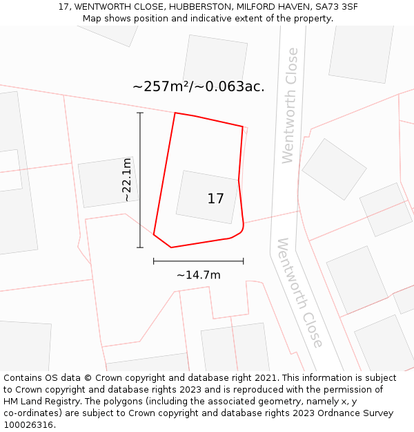 17, WENTWORTH CLOSE, HUBBERSTON, MILFORD HAVEN, SA73 3SF: Plot and title map