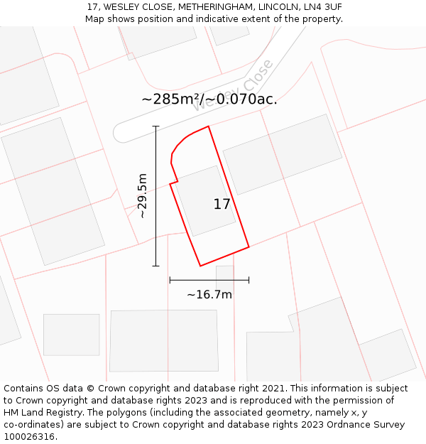 17, WESLEY CLOSE, METHERINGHAM, LINCOLN, LN4 3UF: Plot and title map