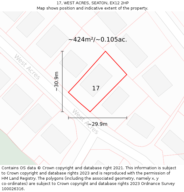 17, WEST ACRES, SEATON, EX12 2HP: Plot and title map