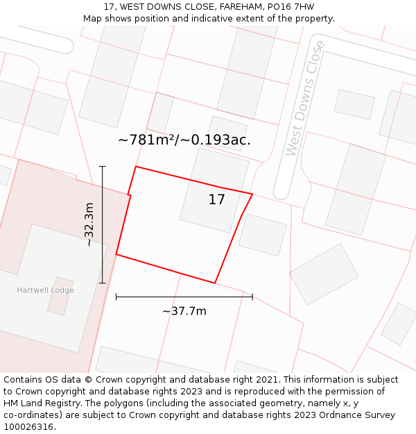 17, WEST DOWNS CLOSE, FAREHAM, PO16 7HW: Plot and title map