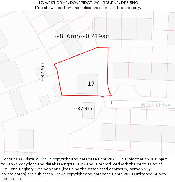 17, WEST DRIVE, DOVERIDGE, ASHBOURNE, DE6 5NG: Plot and title map