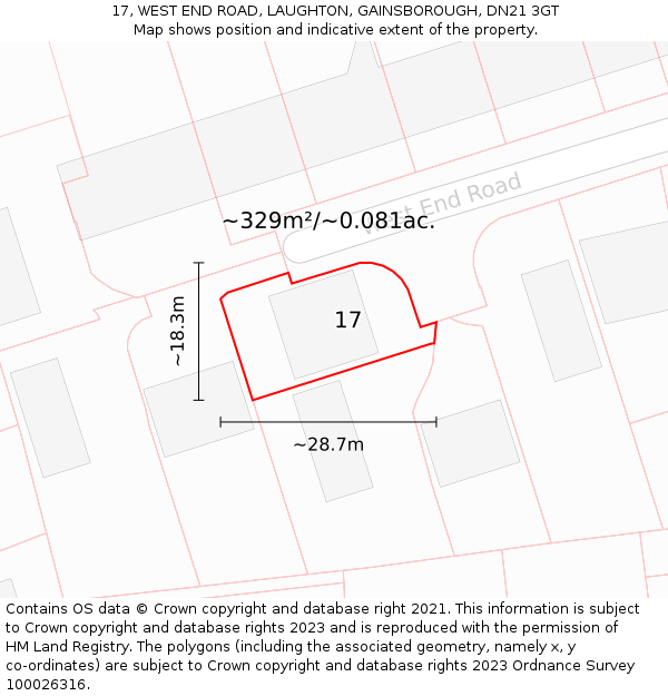 17, WEST END ROAD, LAUGHTON, GAINSBOROUGH, DN21 3GT: Plot and title map