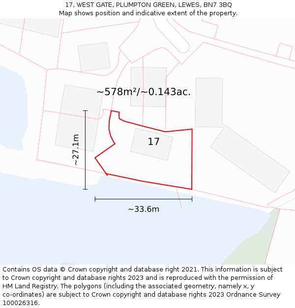 17, WEST GATE, PLUMPTON GREEN, LEWES, BN7 3BQ: Plot and title map