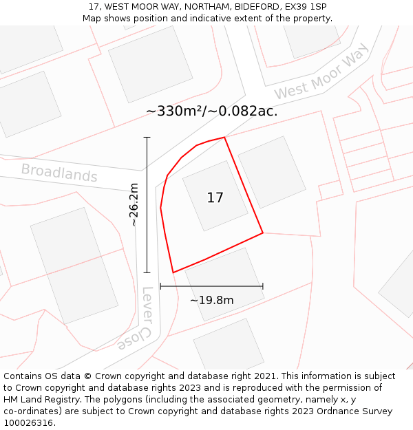 17, WEST MOOR WAY, NORTHAM, BIDEFORD, EX39 1SP: Plot and title map