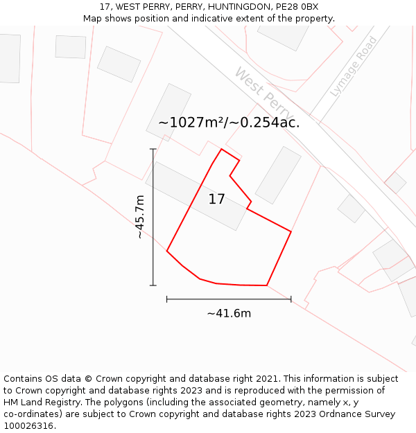 17, WEST PERRY, PERRY, HUNTINGDON, PE28 0BX: Plot and title map